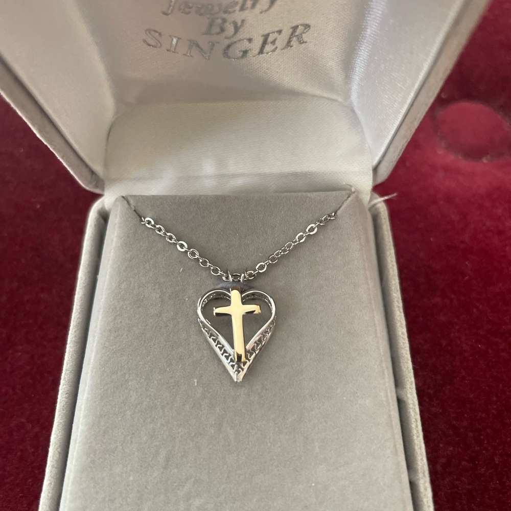 NIB Two-Tone .925 Sterling Silver Cross and Heart Necklace.